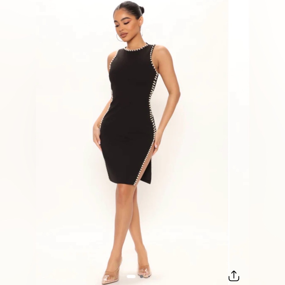 Fashion Nova Black Midi Bodycon Dress with Pearl Trim